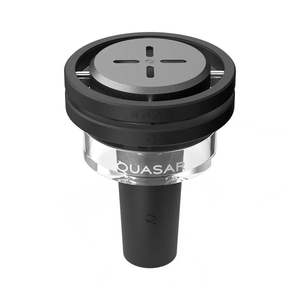 Modern black and clear shisha bowl accessory with QUASAR branding on a white background.