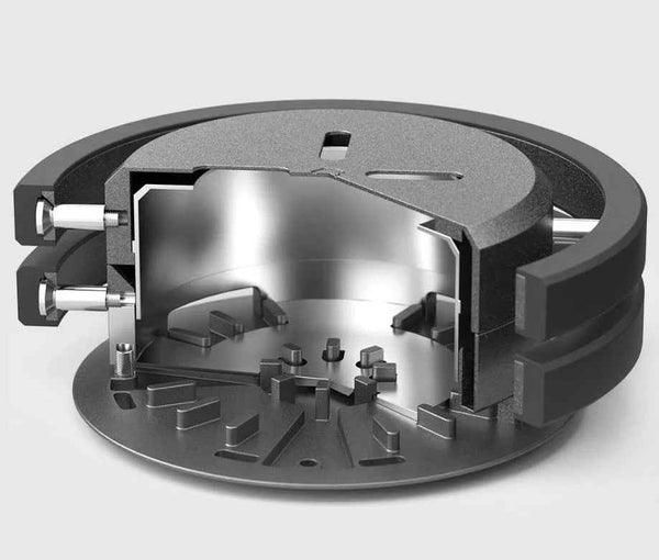 Cutaway of a metal shisha heat management device with bolts and airflow vents on a grey background.