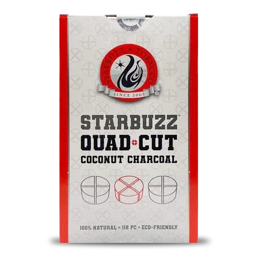 Starbuzz Quad Cut coconut charcoal box for shisha, 112 pieces, 100% natural, eco-friendly.
