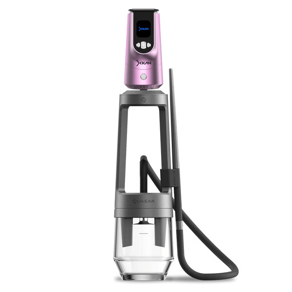 Modern electronic shisha with pink top, digital controls, and glass base on white background