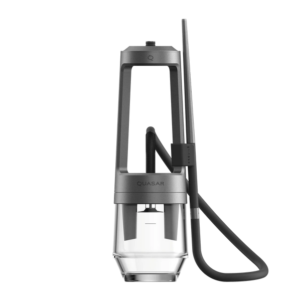 Modern Quasar hookah with matte black finish, transparent glass base, and black silicone hose
