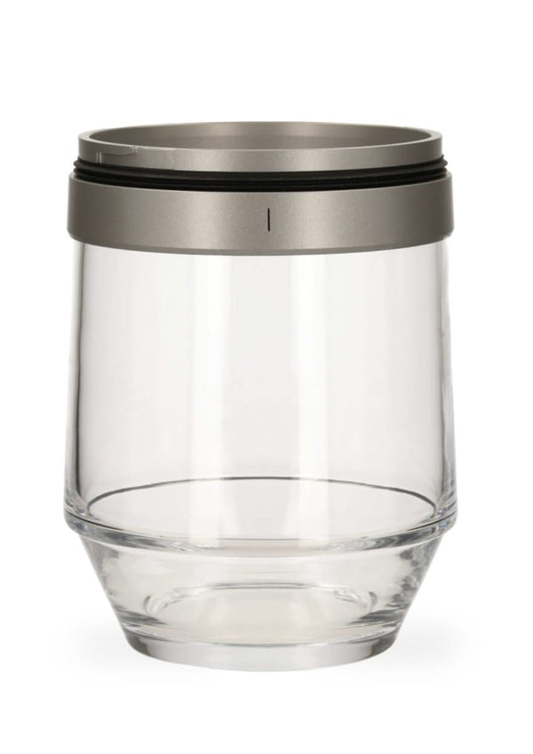 Clear glass hookah base with metallic silver rim on a white background