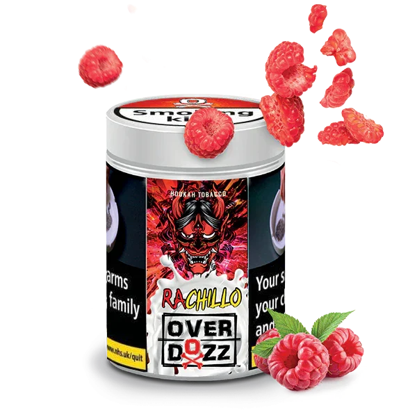 Rachillo Overdozz hookah tobacco container with raspberries and bold label design