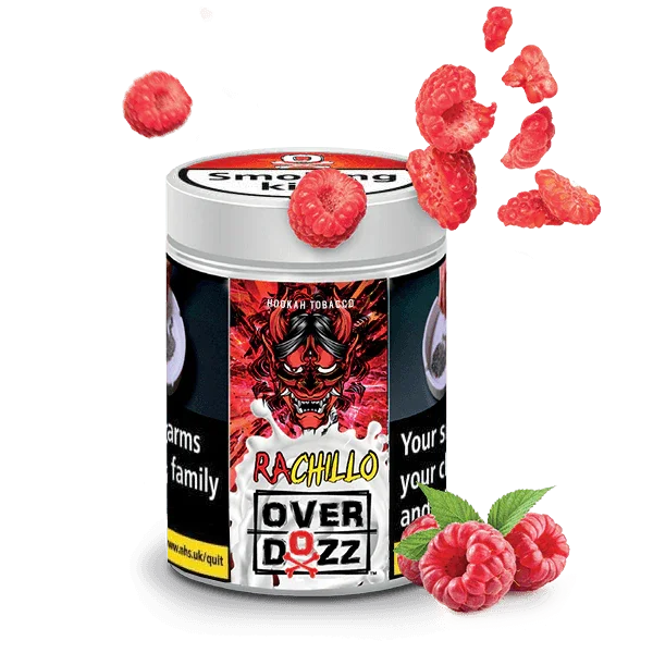 Rachillo Overdozz shisha tobacco jar with raspberries and vibrant label design