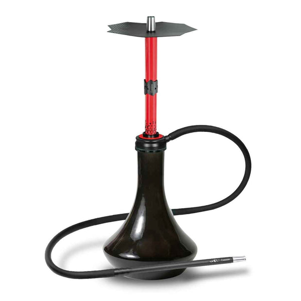 Modern red shisha pipe with black base and silicone hose on white background