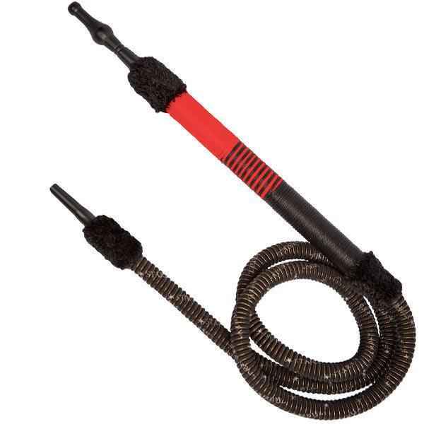 Black and red hookah hose with textured grip and flexible tubing on white background