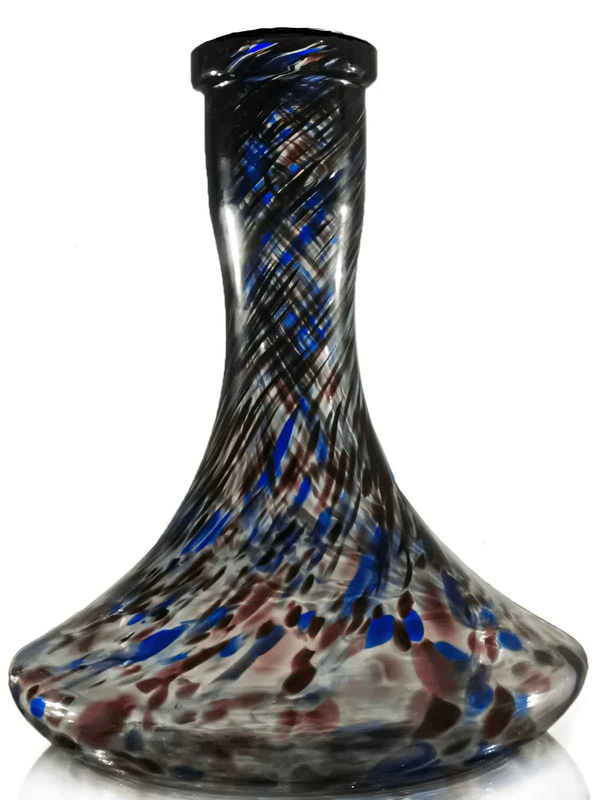 Black, blue, and red patterned glass shisha base with wide bottom and narrow neck