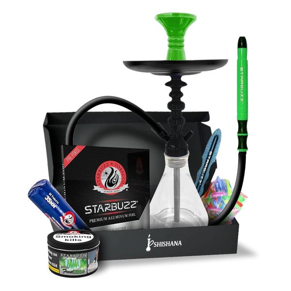 Green mini hookah set with glass base, hose, tongs, foil, and shisha accessories kit