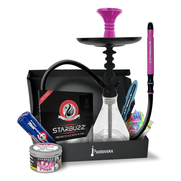 Pink mini hookah set with tobacco, hose, foil, and accessories