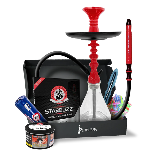 Red portable shisha set with pipe, glass base, shisha accessories, tobacco and foil pack