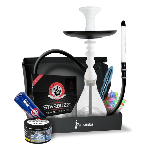 White mini shisha set with hose, tobacco, charcoal, foil, mouth tips and accessories.