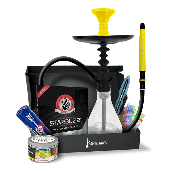 Yellow mini hookah set with hose, tobacco, foil, and accessories in a black box