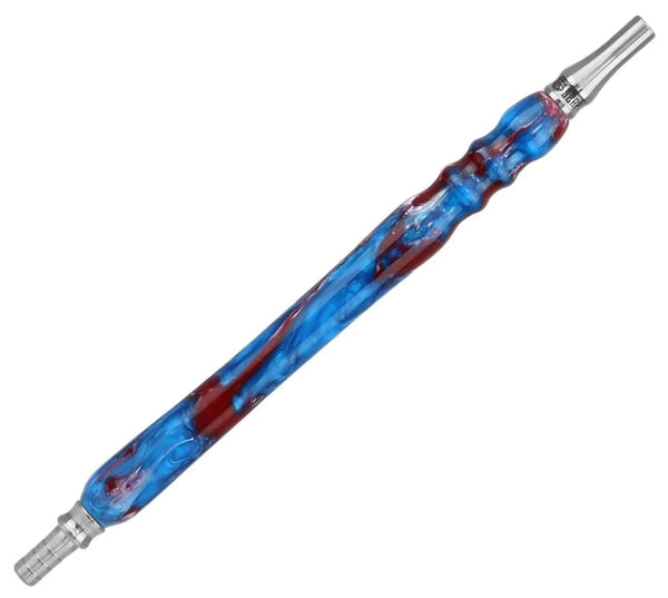 Epoxy stainless steel shisha mouthpiece in blue and red swirl pattern on white background