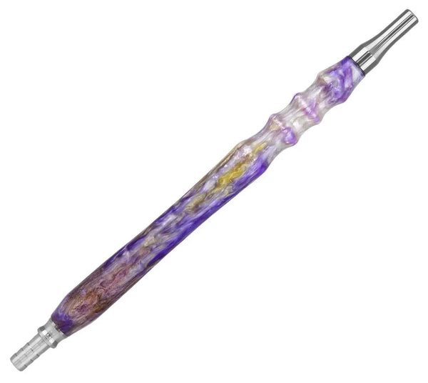 Epoxy resin and stainless steel shisha mouthpiece with purple and gold accents on white background