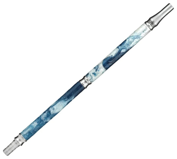 Stainless steel hookah mouthpiece with blue and white marble design on white background