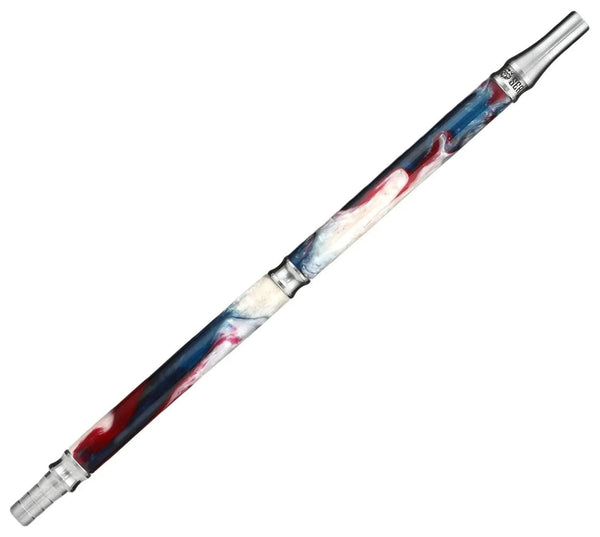 Stainless steel shisha mouthpiece with blue, red, and white swirl design on white background