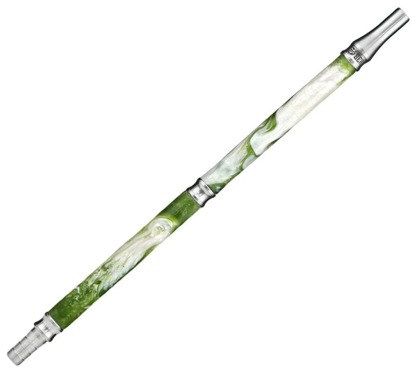Green and white stainless steel hookah mouthpiece with swirled pattern on white background