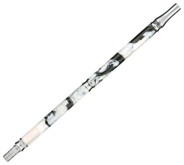 Stainless steel hookah mouthpiece with black and white marbled design on white background