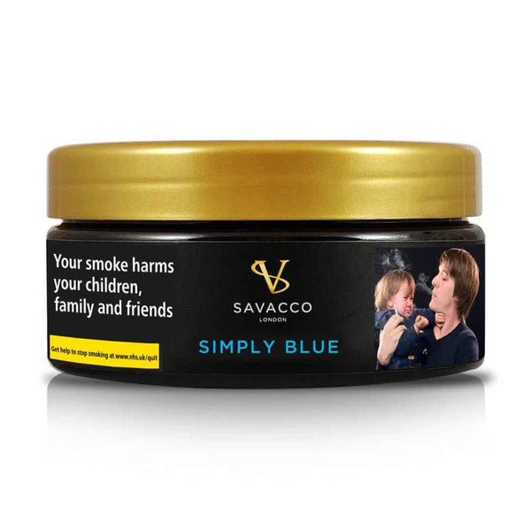 Savacco Simply Blue shisha tobacco tin with health warning and crying child image