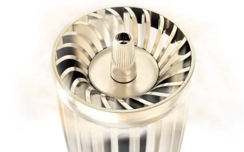 Stainless steel hookah stem with modern spiral design, close-up of top section