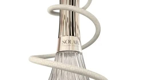 Modern shisha pipe with clear glass base, silver stem, and white hose featuring Italian design