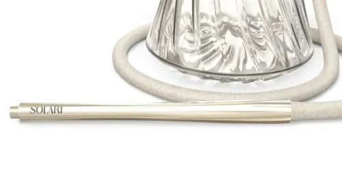 Modern glass hookah base with white hose and metallic mouthpiece marked Solari