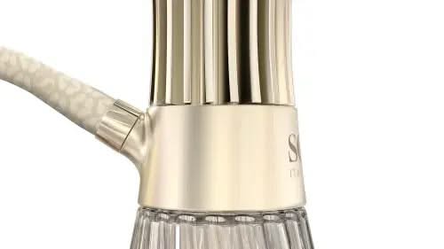 Modern gold and glass shisha base with attached white textured hose