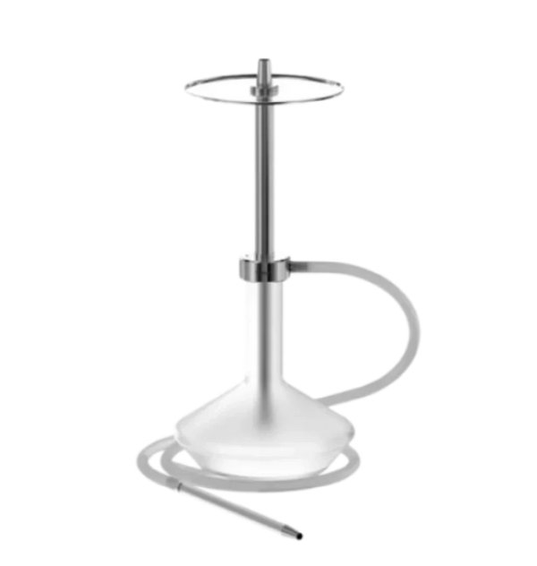 Modern glass and stainless steel shisha pipe with silicone hose on white background