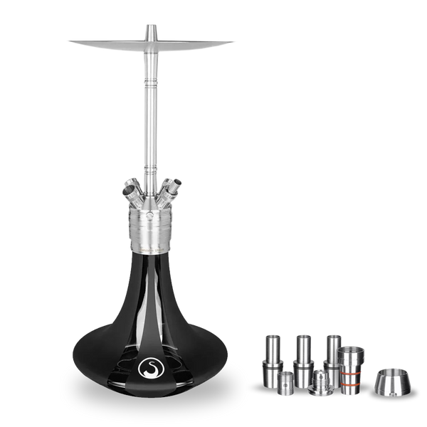 Modern black and silver shisha pipe with accessories on white background
