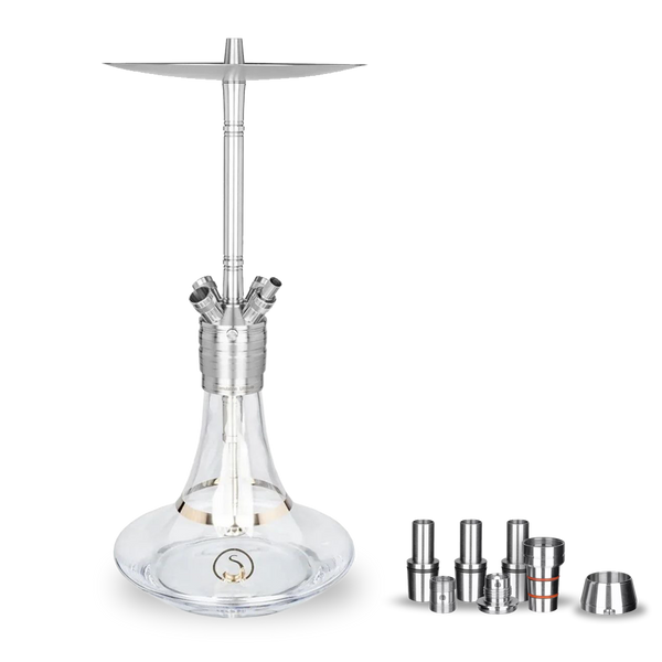 Modern glass and stainless steel hookah with multiple accessories on white background