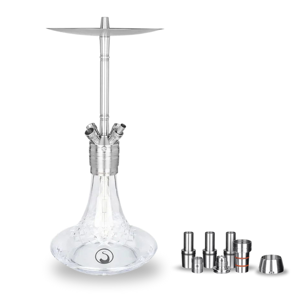 Modern clear glass shisha hookah with stainless steel stem and accessories on white background