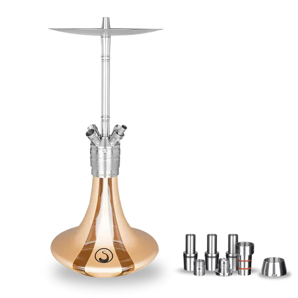 Modern gold and silver hookah set with detachable parts and accessories on white background