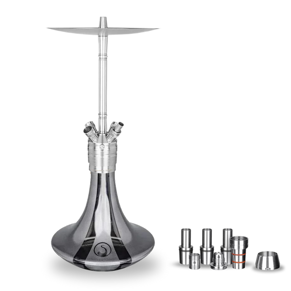 Modern silver hookah set with multiple metal accessories on a white background