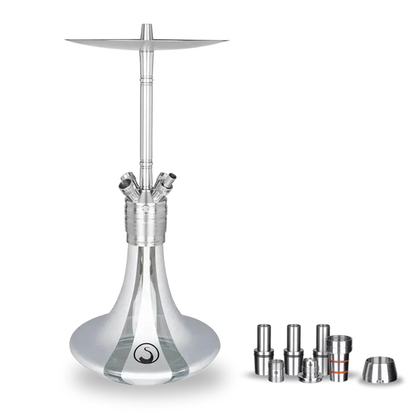 Modern stainless steel shisha pipe with glass base and extra accessories, isolated on white background