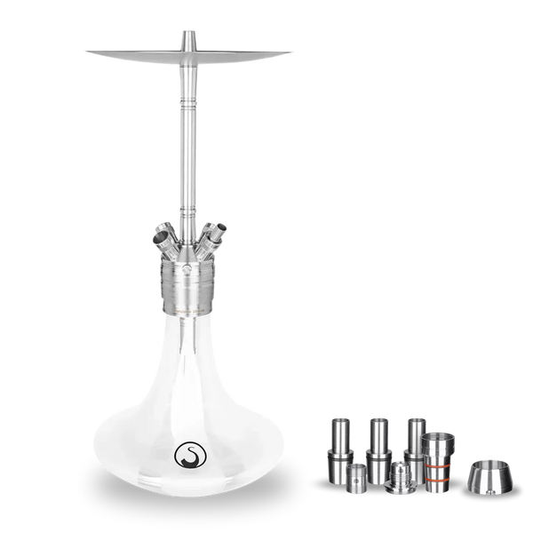 Modern silver hookah with clear glass base and detachable stainless steel accessories
