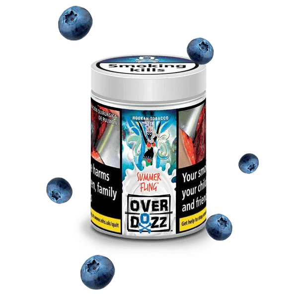 Overdozz Summer Fling hookah tobacco tub surrounded by fresh blueberries