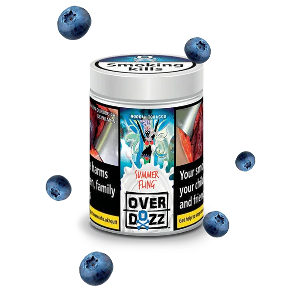 Overdozz Summer Fling hookah tobacco tin with blueberries, vibrant packaging, smoking warning