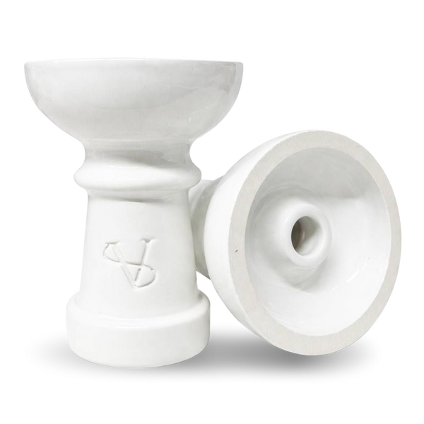 White ceramic hookah bowl with engraved logo, suitable for shisha pipe setup