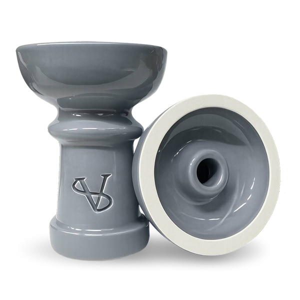 Glossy grey ceramic hookah bowl with embossed logo, side and top view