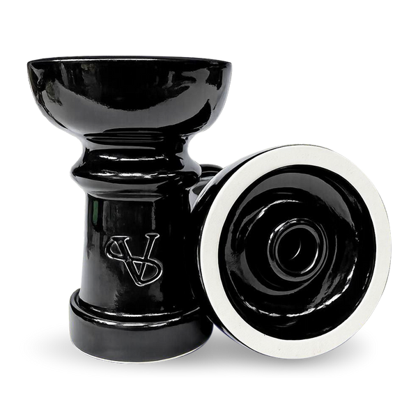 Glossy black ceramic hookah bowl with embossed logo, shown upright and on its side