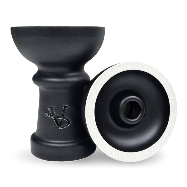Black ceramic hookah bowl with embossed logo and white-rimmed underside on white background