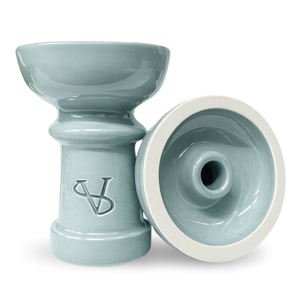 Light blue ceramic hookah bowl with embossed initials, shown from side and top view
