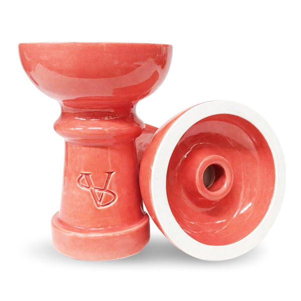 Red ceramic hookah bowl with embossed logo, isolated on white background