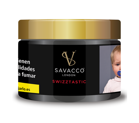 Savacco Swizztastic 50g black jar with gold lid and child warning label