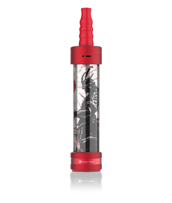 Modern red and black shisha pipe with samurai artwork on glass body, isolated on white background.