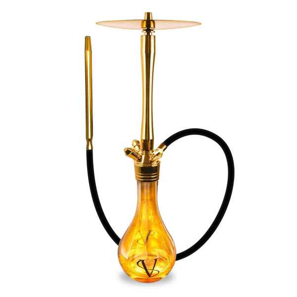 Gold and amber glass hookah on a white background