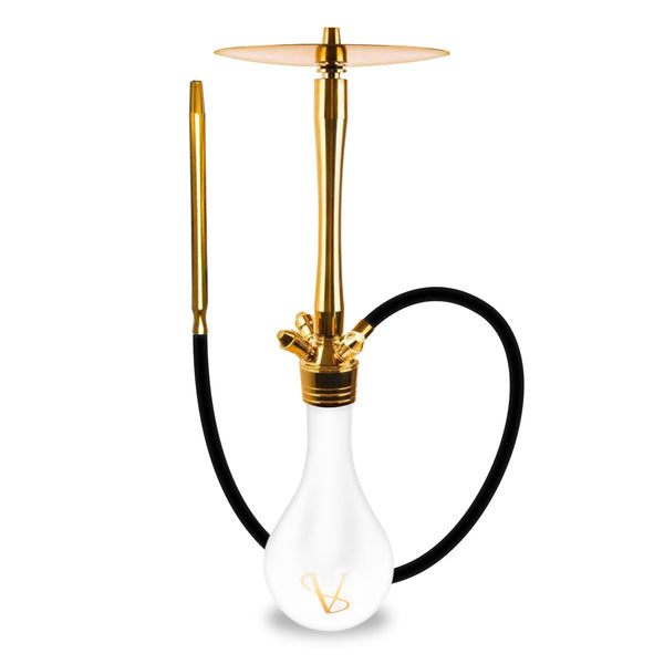 Gold and white hookah with black hose on a white background