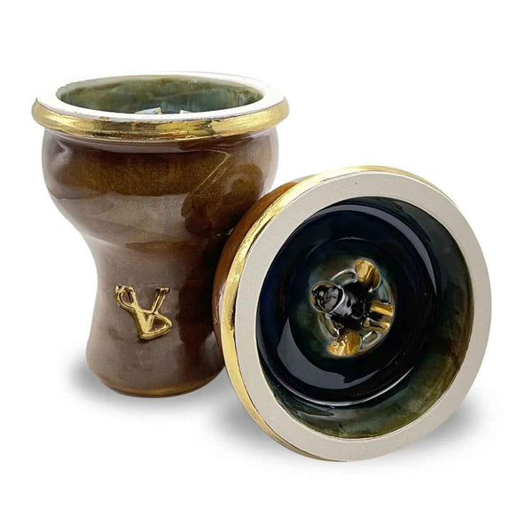Brown and gold ceramic shisha bowl with glossy finish, suitable for hookah setup