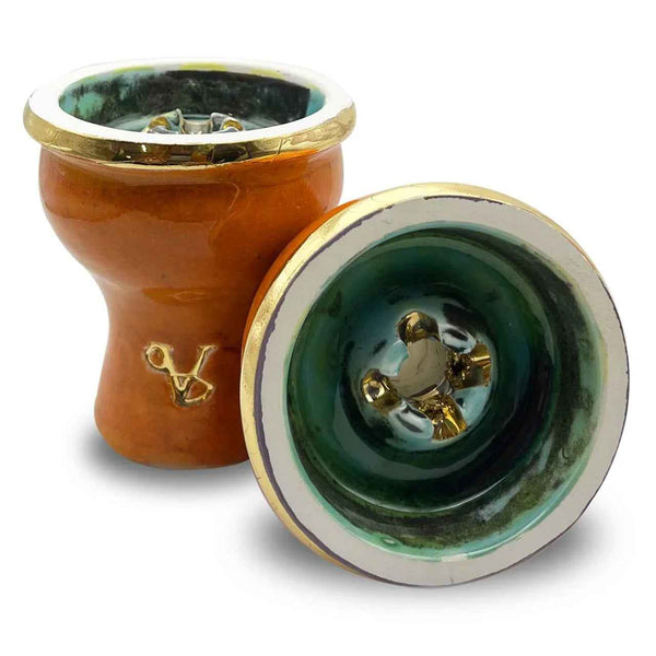 Ceramic shisha bowl with orange and gold exterior, green and gold glazed interior.