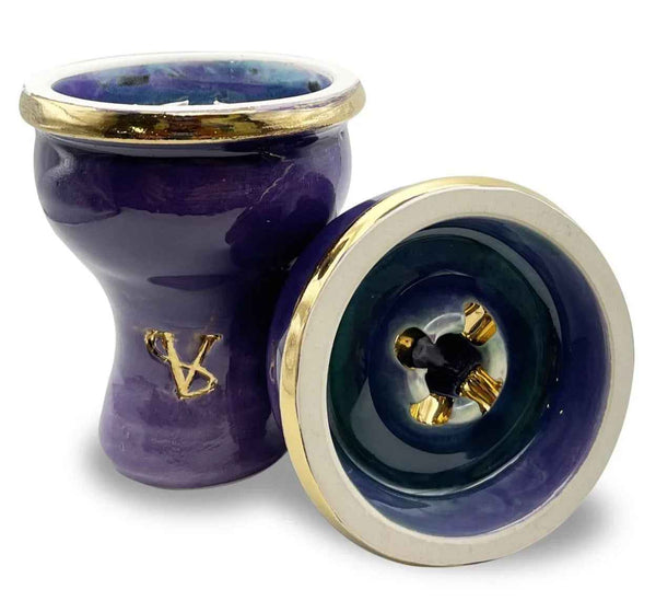 Purple and gold ceramic shisha bowl with glossy finish and metallic accents